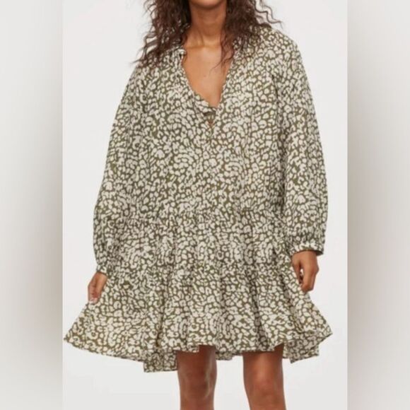 LOVE STORIES x H&M Tiered Beach Tunic Oversized Mini Dress Khaki Leopard Small - Picture 1 of 9